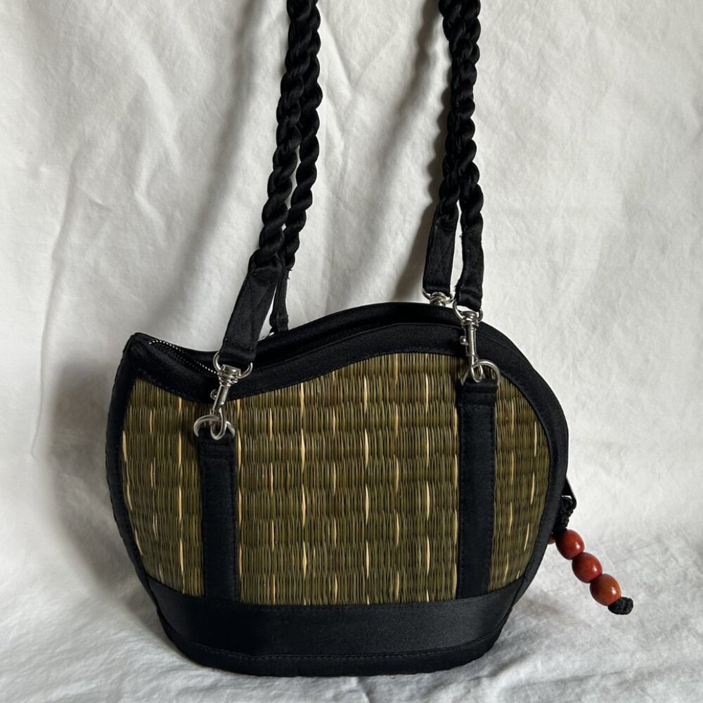 Boho Woven Straw Bag Olive Green Black Rope Strap Small Purse